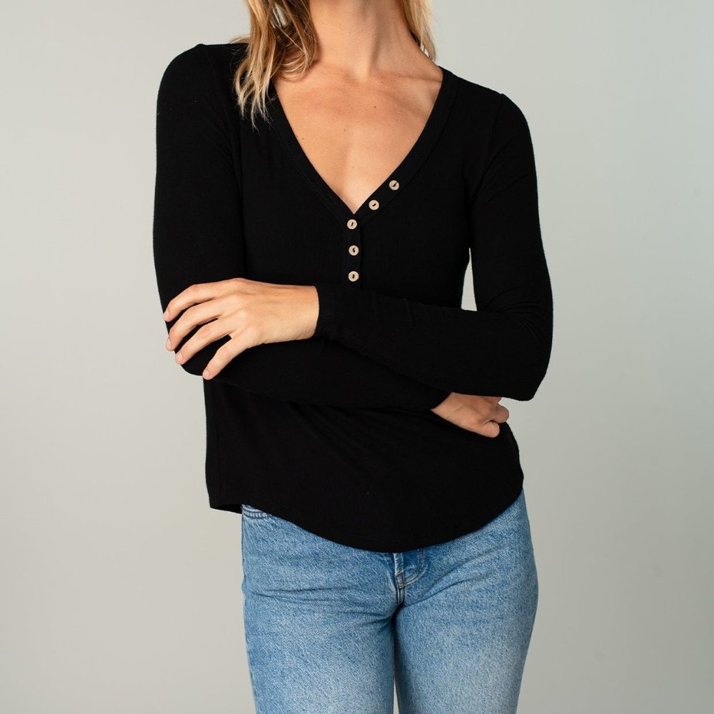 Lovestitch Black Bamboo Micro-Ribbed Henley Long Sleeve Sz S